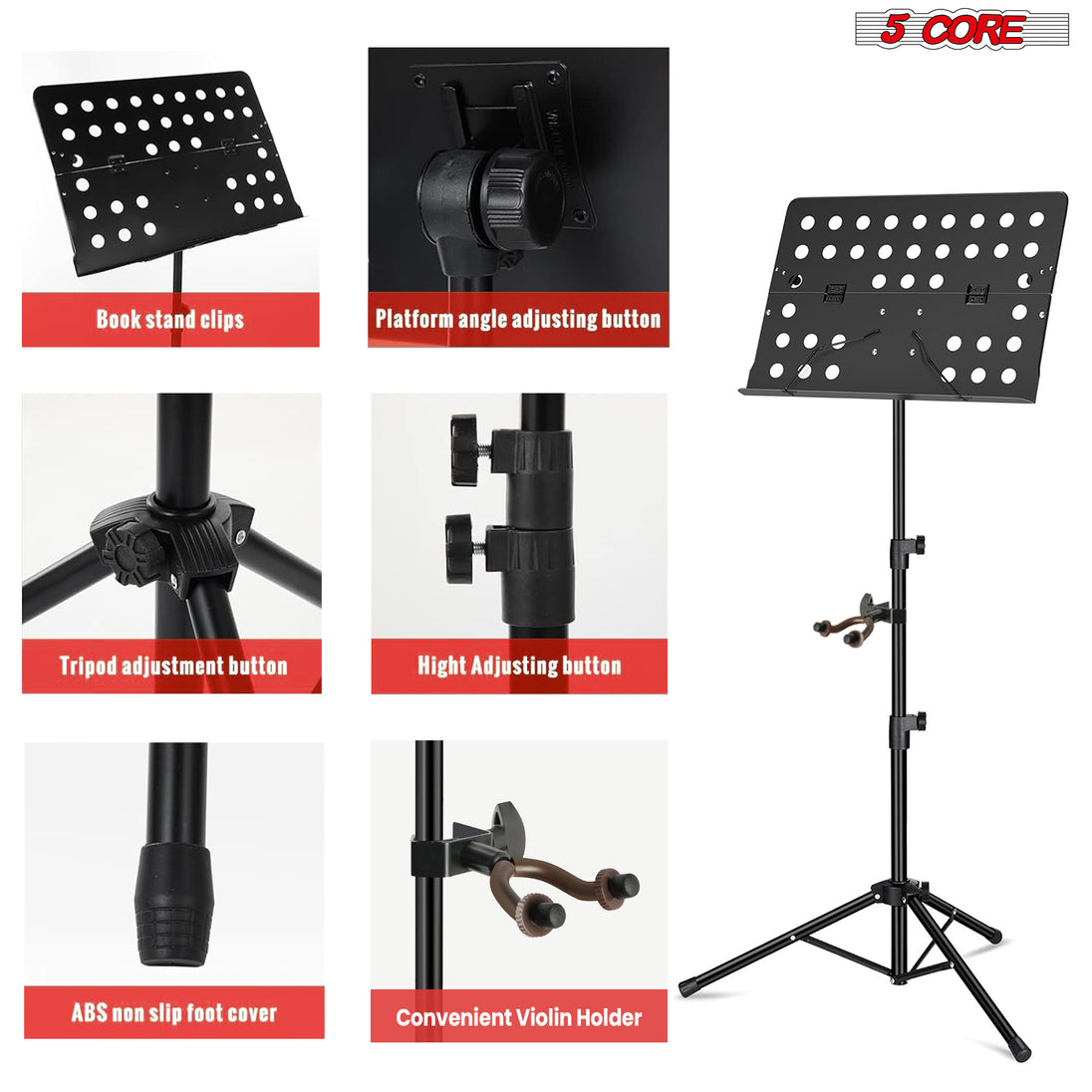 5Core Music Stand For Sheet Music Portable Tripod Adjustable Folding Note Holder BLACK