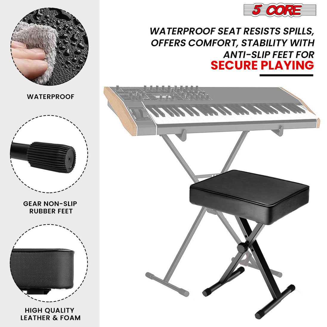 5Core Keyboard Stand Adjustable z Style Piano Riser + Keyboard Piano Bench BLACK