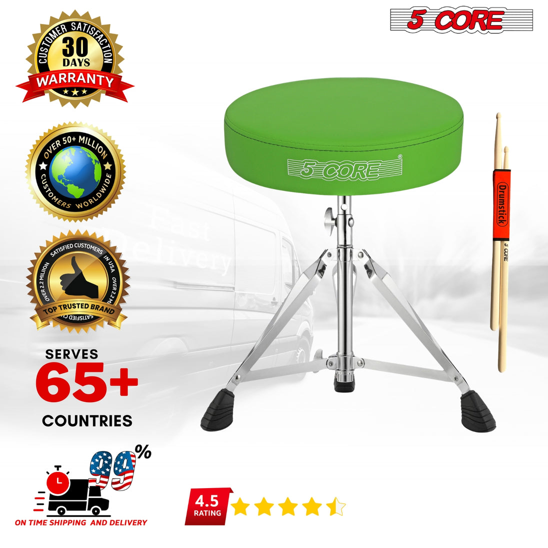 5Core Drum Throne Padded Adjustable Guitar Stool Drummer Seat for Adults & Kids GREEN