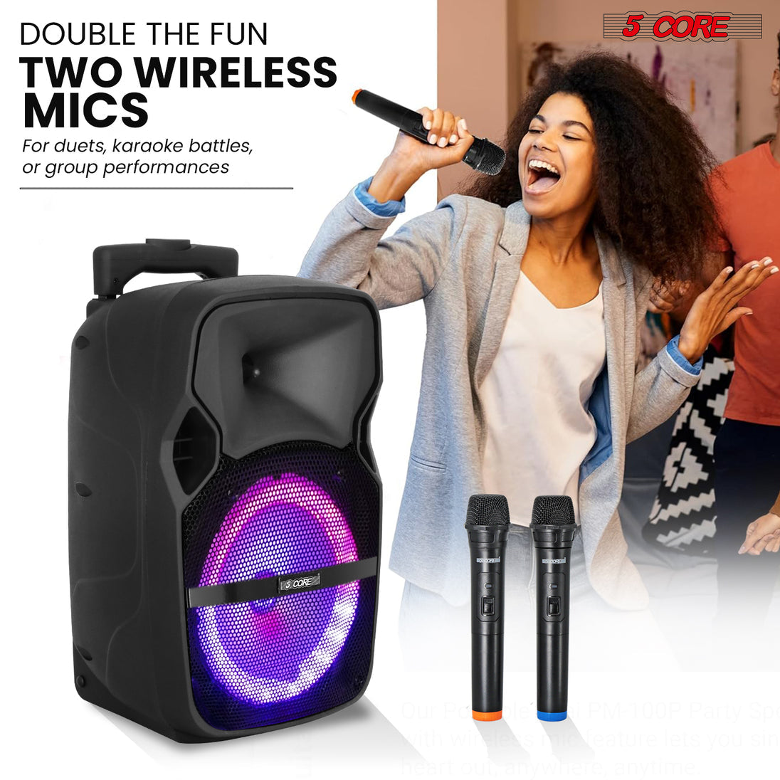 5Core 8-Inch Portable Bluetooth Party Speaker – Karaoke Boombox with 2 Wireless Microphones