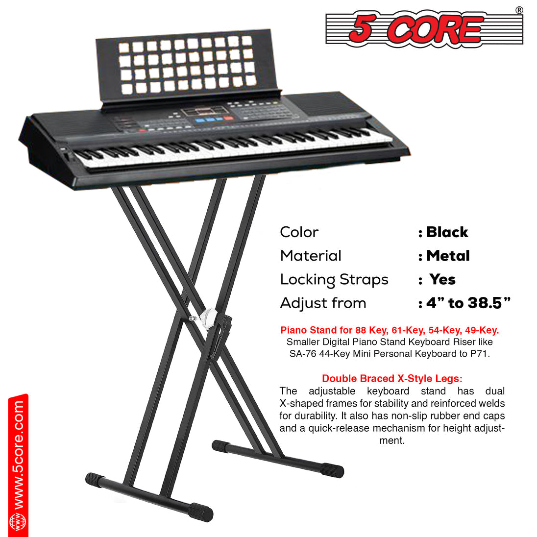 5Core Keyboard Stand Double X Style Adjustable Piano Riser + Keyboard Piano Bench