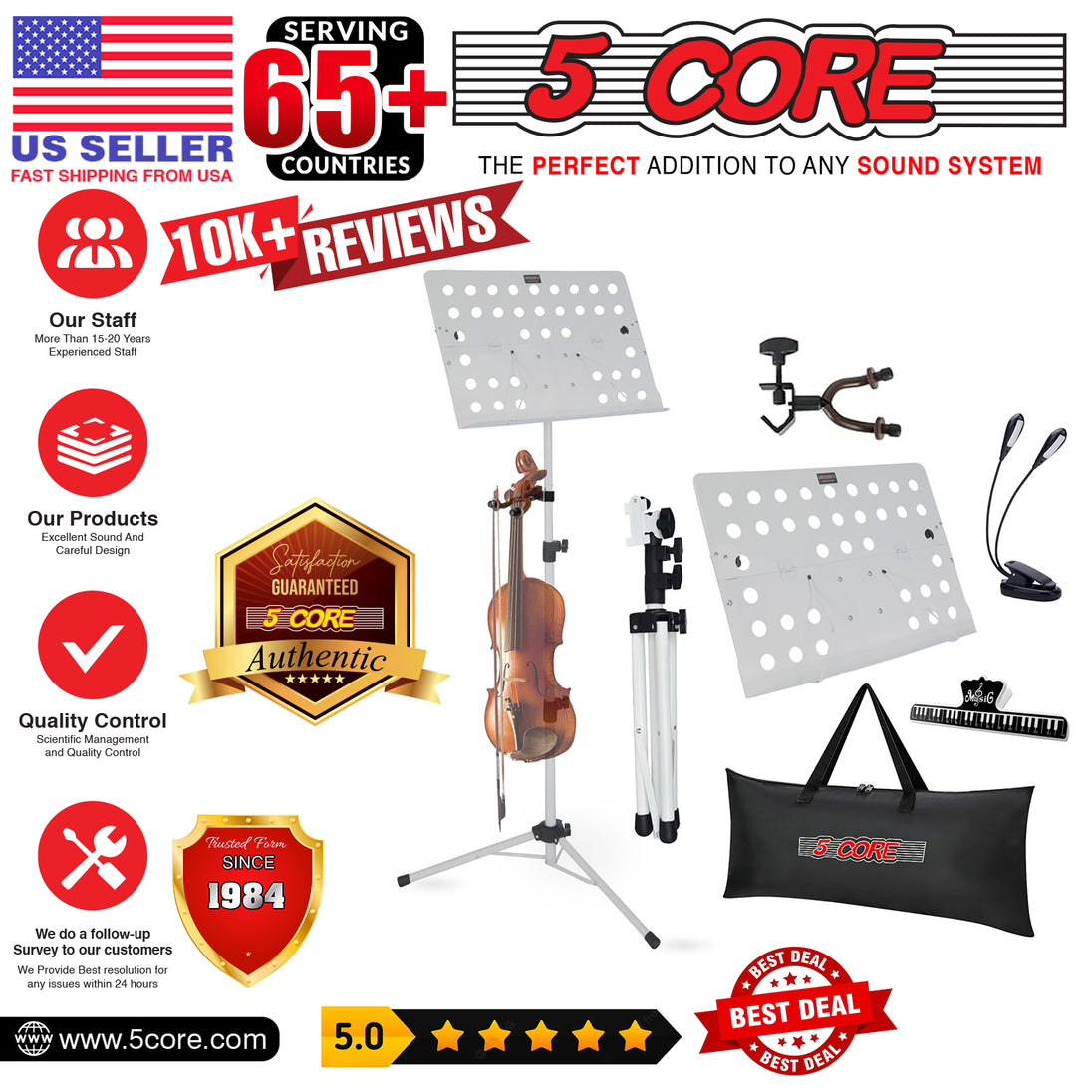 5Core Portable Music Stand for Sheet Music Adjustable Tripod Folding Note Holder White