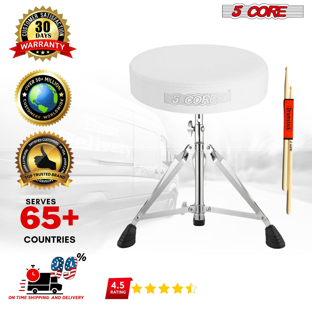 5Core Drum Throne Padded Adjustable Guitar Stool Drummer Seat for Adults & Kids WHITE