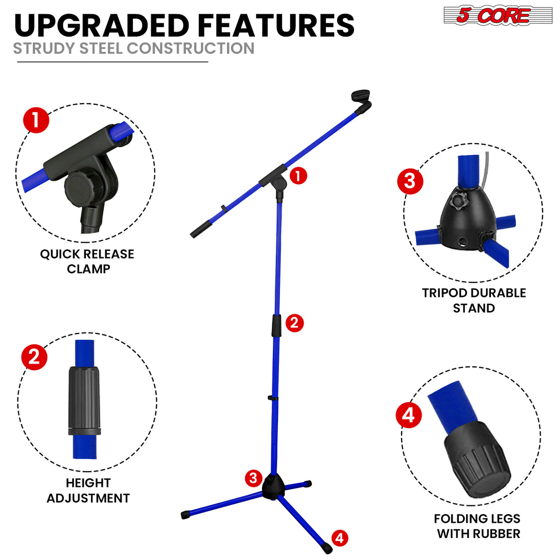 5Core Adjustable Tripod Mic Stand – Floor Microphone Stand with Boom Arm and Mic Holder