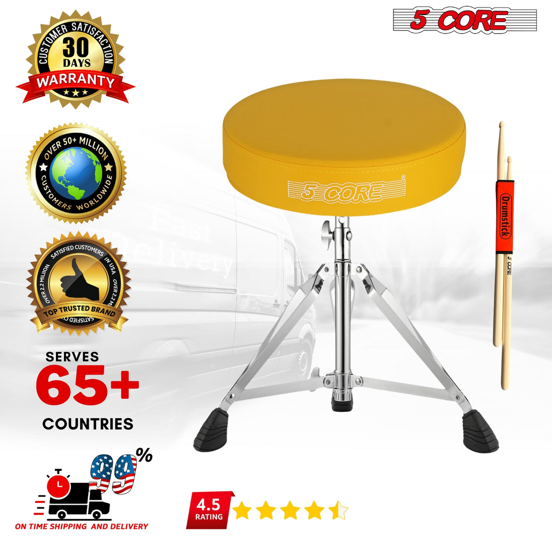 5Core Drum Throne Padded Adjustable Guitar Stool Drummer Seat for Adults & Kids YELLOW