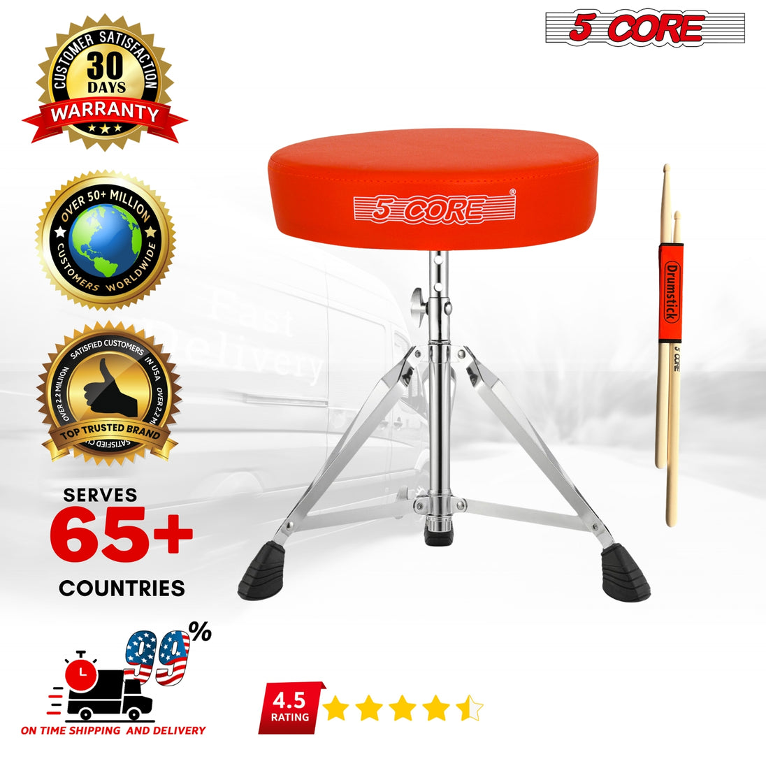 5Core Drum Throne Padded Adjustable Guitar Stool Drummer Seat for Adults & Kids ORANGE