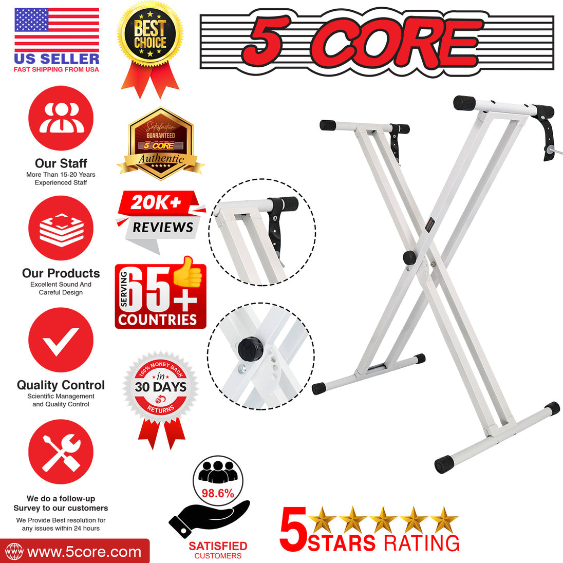 5Core Keyboard Stand Double X Style Adjustable Lift Piano Riser For 49 To 88 Keys WHITE