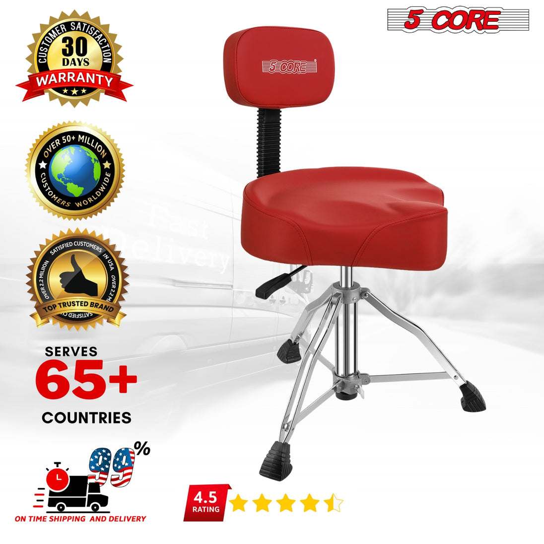 5Core Drum Throne Padded Guitar Stool Backrest Drummer Seat for Adults And Kids RED