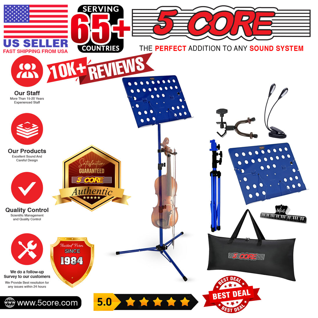 5Core Portable Music Stand for Sheet Music Adjustable Tripod Folding Note Holder Blue