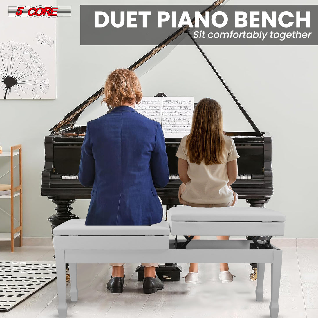 5CORE Duet Piano Bench with Storage for Two Adjustable Wooden Keyboard Stool for Adults & Kids