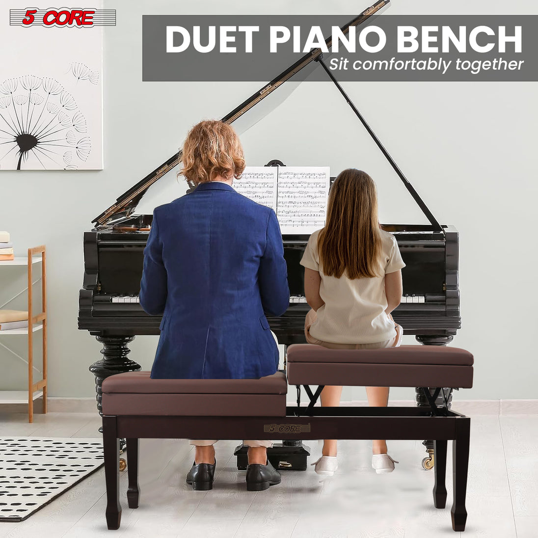 5CORE Duet Piano Bench with Storage Adjustable Wooden Keyboard Stool for Adults & Kids Designed for Two Players