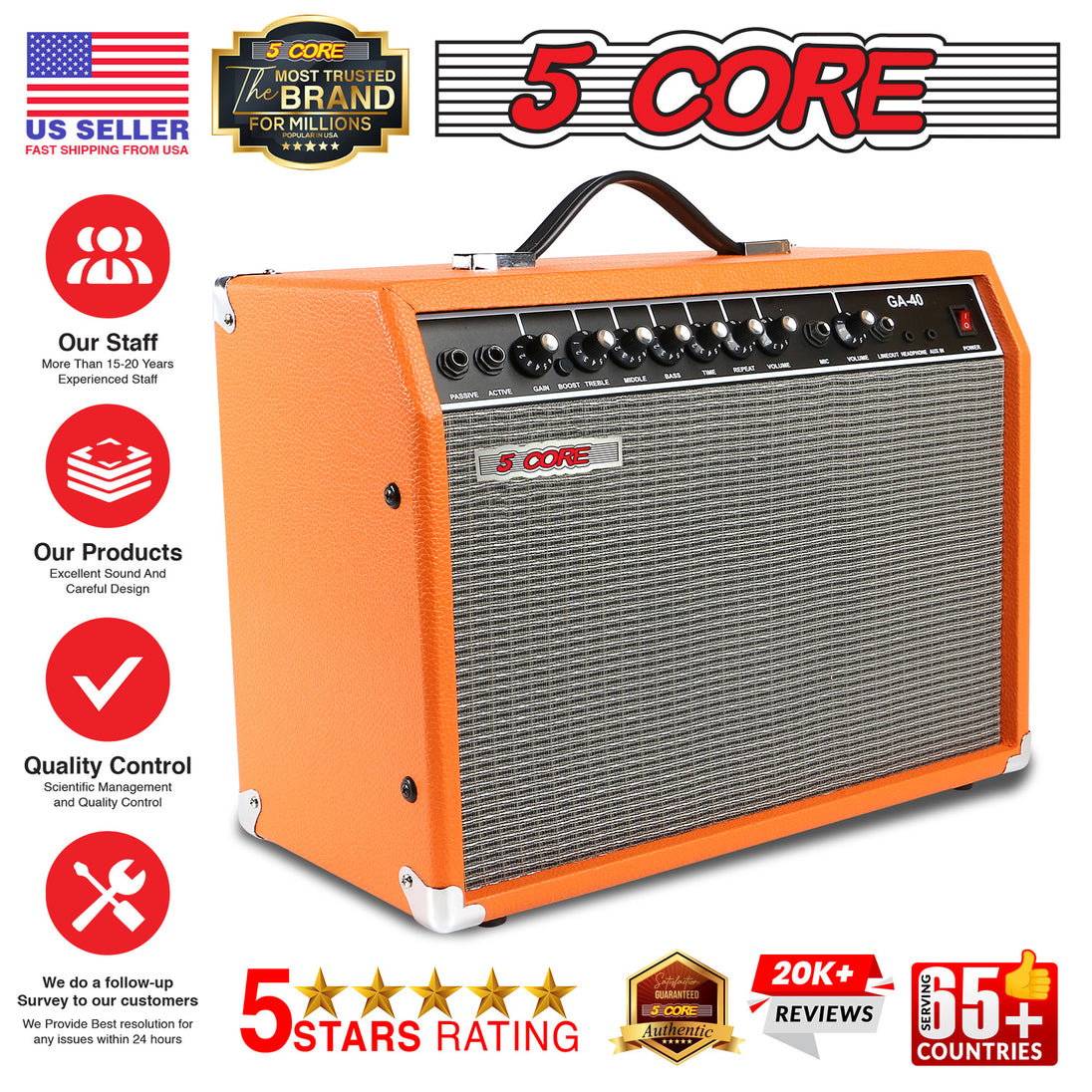 5 Core Guitar Amp For Electric Bass Acoustic Portable Amplifier Practice Amplificador 40W Orange