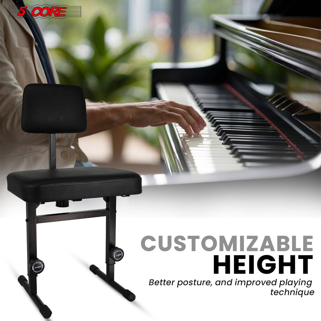 5 CORE Piano Bench Height Adjustable Keyboard Stool Stool Heavy Duty Thick Padded Cushioned Seat with Backrest Black