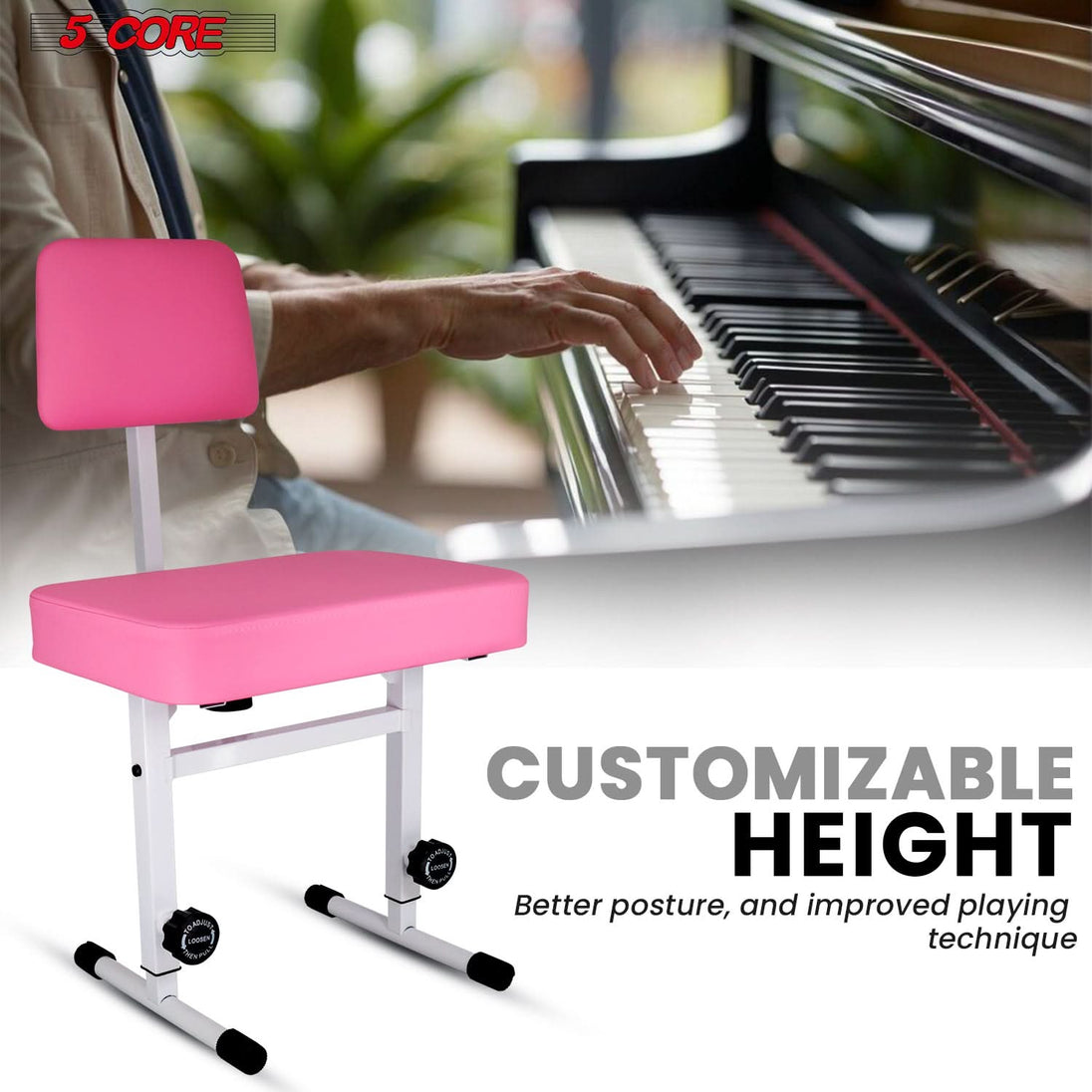 5 CORE Piano Bench Height Adjustable Keyboard Stool Stool Heavy Duty Thick Padded Cushioned Seat with Backrest Pink