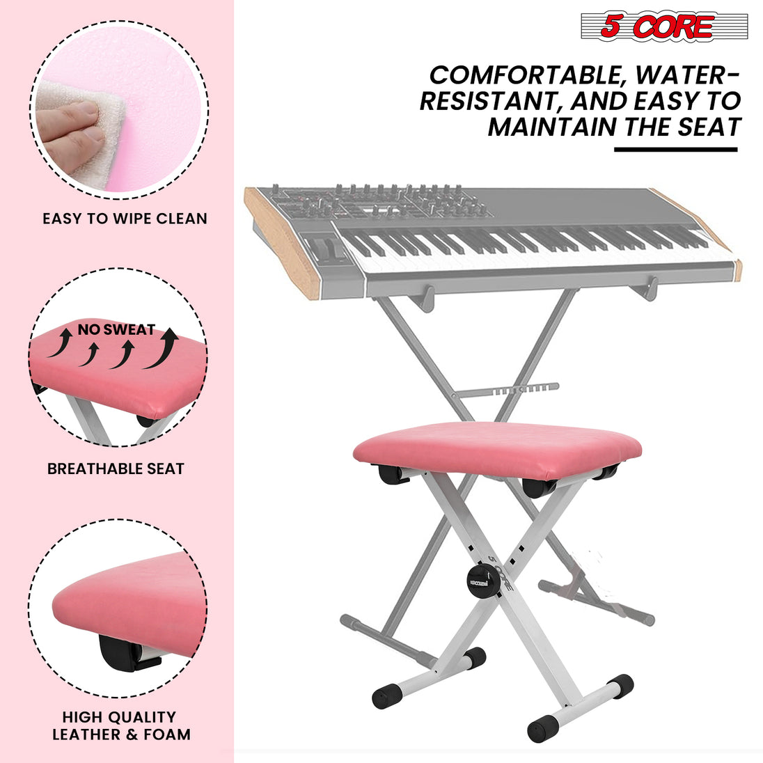 5Core Keyboard Stand Adjustable z Style Piano Riser + Keyboard Piano Bench PINK