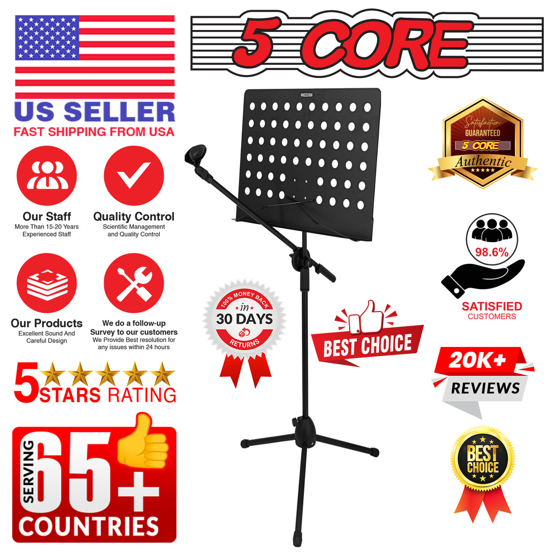 5Core Music Stand For Sheet Music Portablr Folding Tripod + Detachable Mic Holder