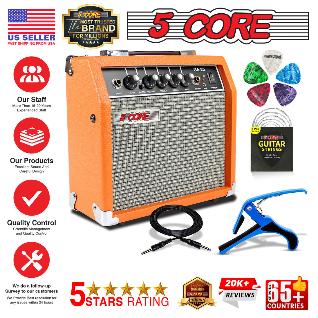 5 Core Guitar Amp For Electric Bass Acoustic Portable Amplifier Practice Amplificador 20W ORANGE