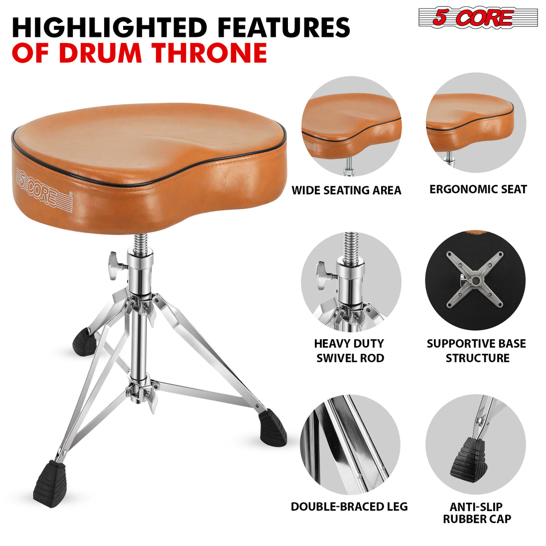 5Core Drum Throne Padded Guitar Stool Saddle Drummer Seat for Adults & Kids BROWN