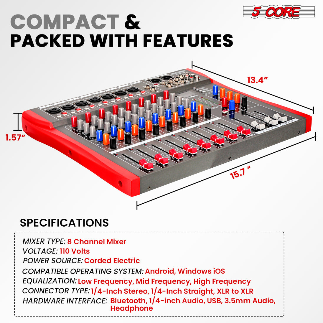 5 Core Audio Mixer 8 Channel DJ Equipment with Bluetooth USB Sound Board Console