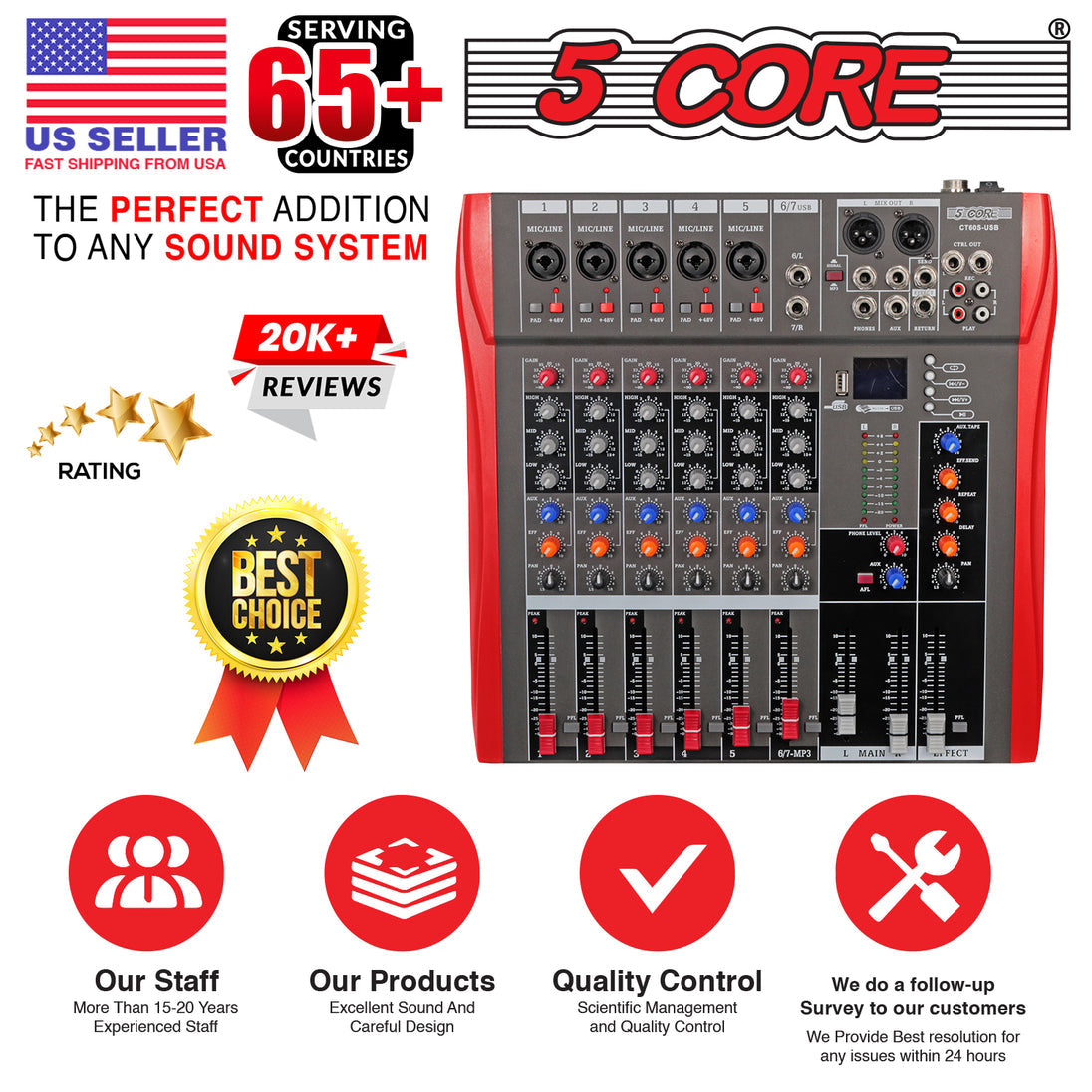 5 Core Audio Mixer 6 Channel DJ Equipment with Bluetooth USB Sound Board Console