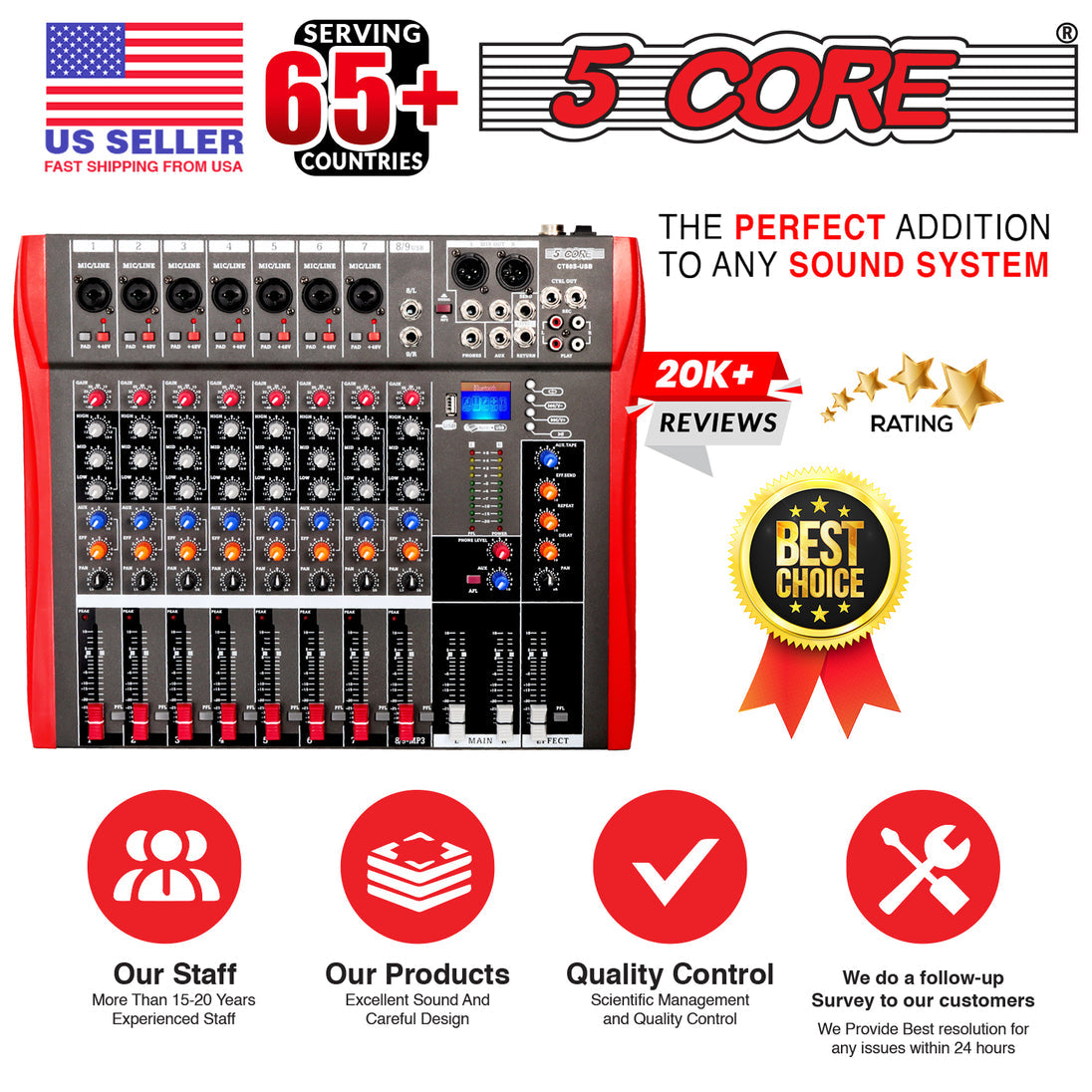 5 Core Audio Mixer 8 Channel DJ Equipment with Bluetooth USB Sound Board Console