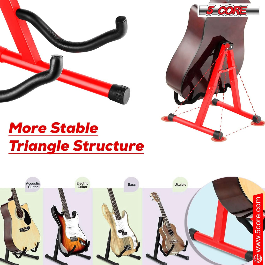 5Core A-Frame Guitar Stand – Floor Holder for Electric, Acoustic, and Bass Guitars (Red)