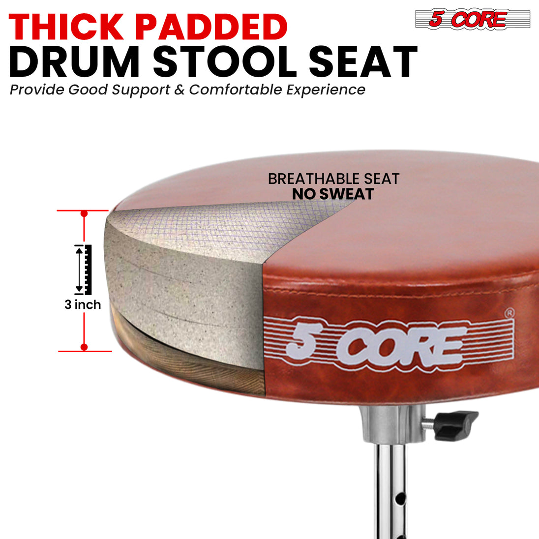 5Core Drum Throne Padded Guitar Stool Adjustable Drummer Seat for Adults & Kids CAMEL BROWN