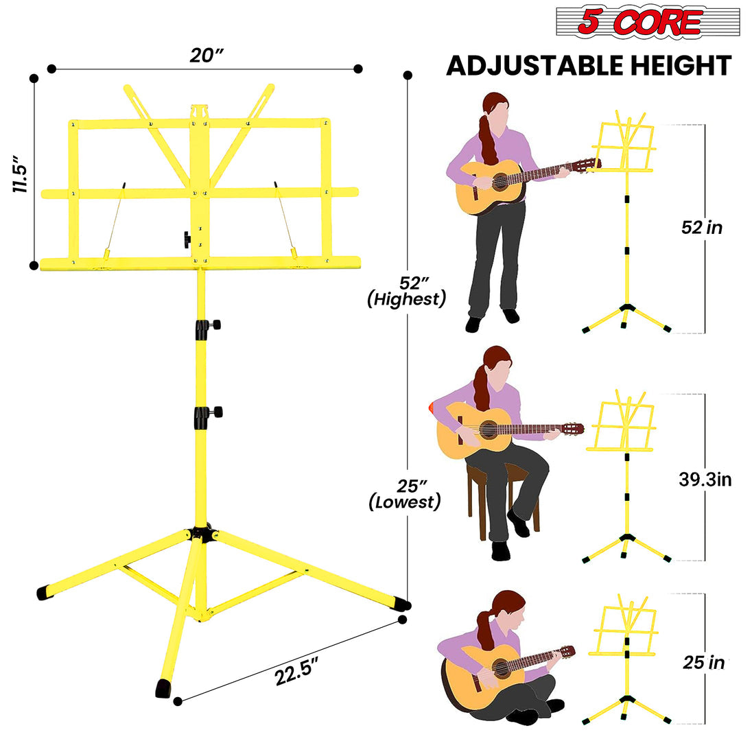 5Core Portable Music Stand for Sheet Music Adjustable Tripod Folding Note Holder Yellow