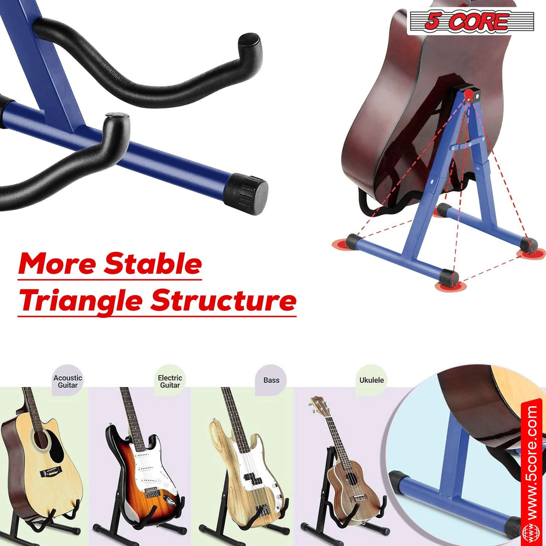 5Core Guitar Stand Floor A Frame Electric Acoustic Bass Soporte Para Guitarra BLUE GSS BLU 2PCS