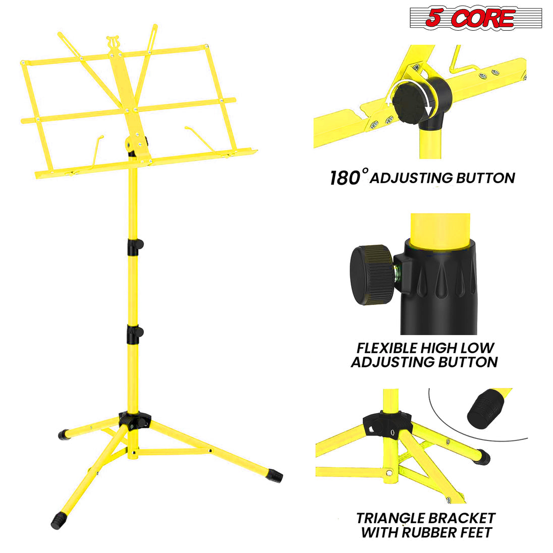 5Core Portable Music Stand for Sheet Music Adjustable Tripod Folding Note Holder Yellow