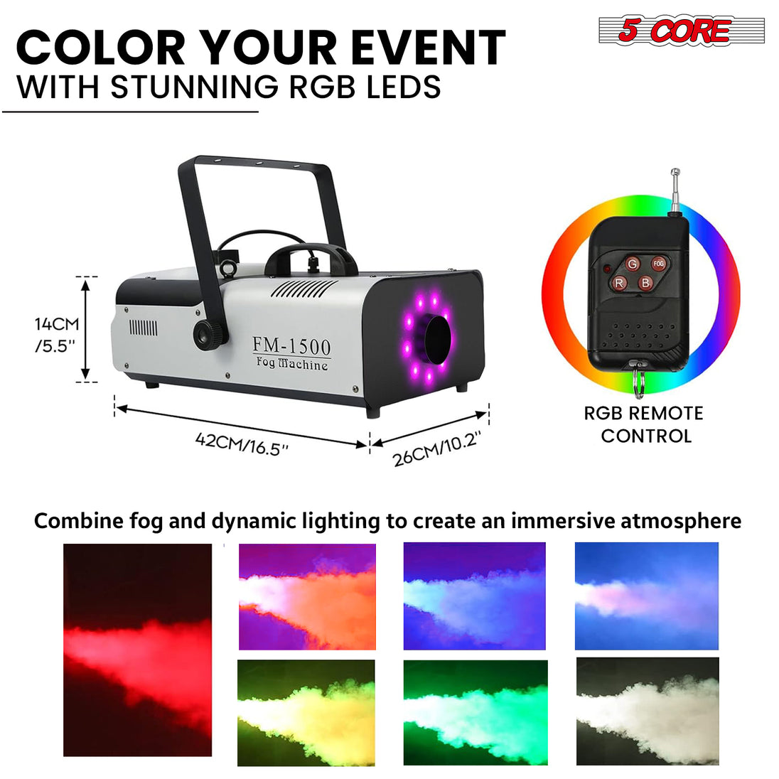 5 Core Fog Machine Indoor Outdoor 1500W 6000CFM Fogger Smoke Machine w LED 2.5 L Tank Remote