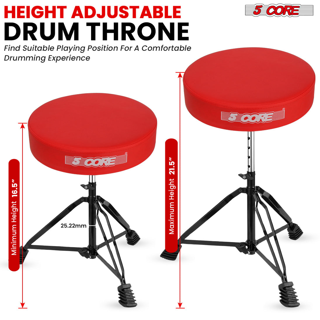 5Core Drum Throne Padded Guitar Stool Adjustable Drummer Seat for Adults & Kids RED