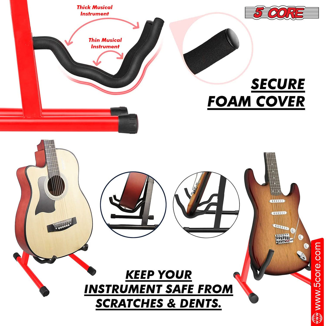 5Core A-Frame Guitar Stand – Floor Holder for Electric, Acoustic, and Bass Guitars (Red)