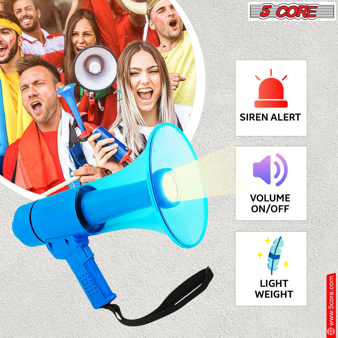 5Core Megaphone Bullhorn Speaker w Siren LED Light Adjustable Volume Bull Horn BLUE