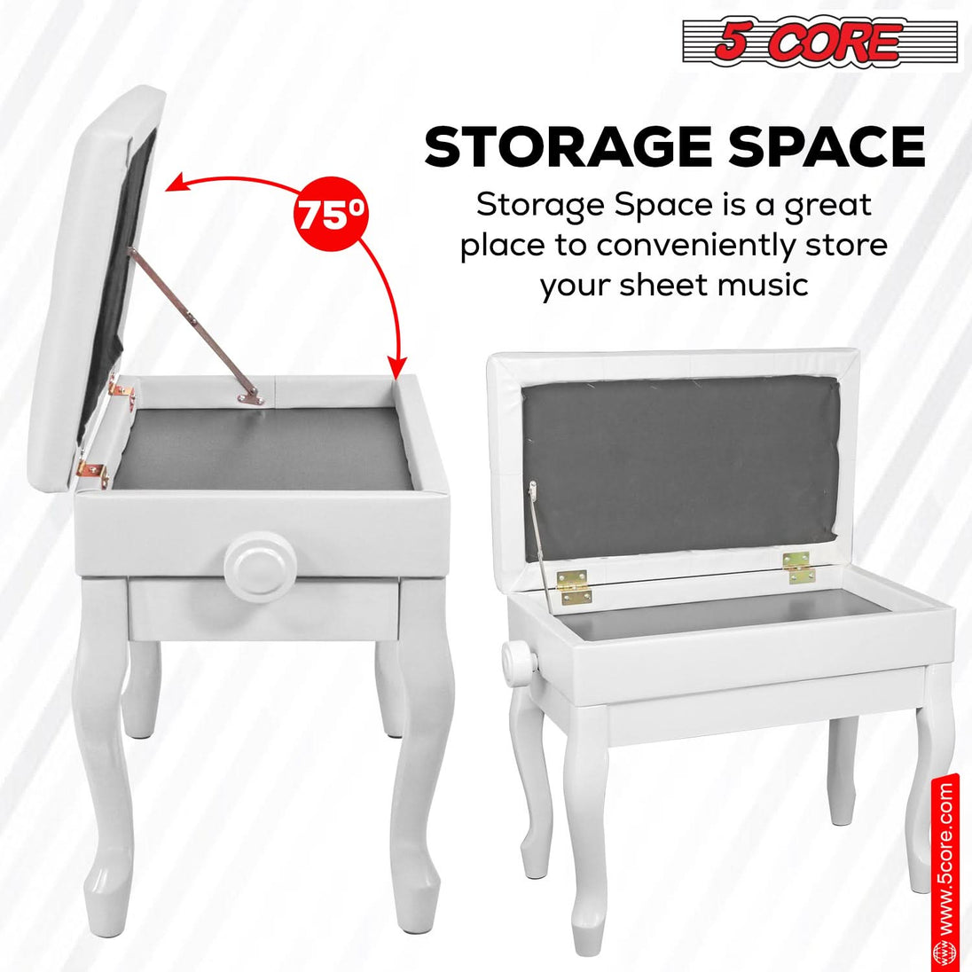 5 Core Piano Bench Wooden Height Adjustable Stool Heavy Duty Keyboard Seat with Storage WHITE