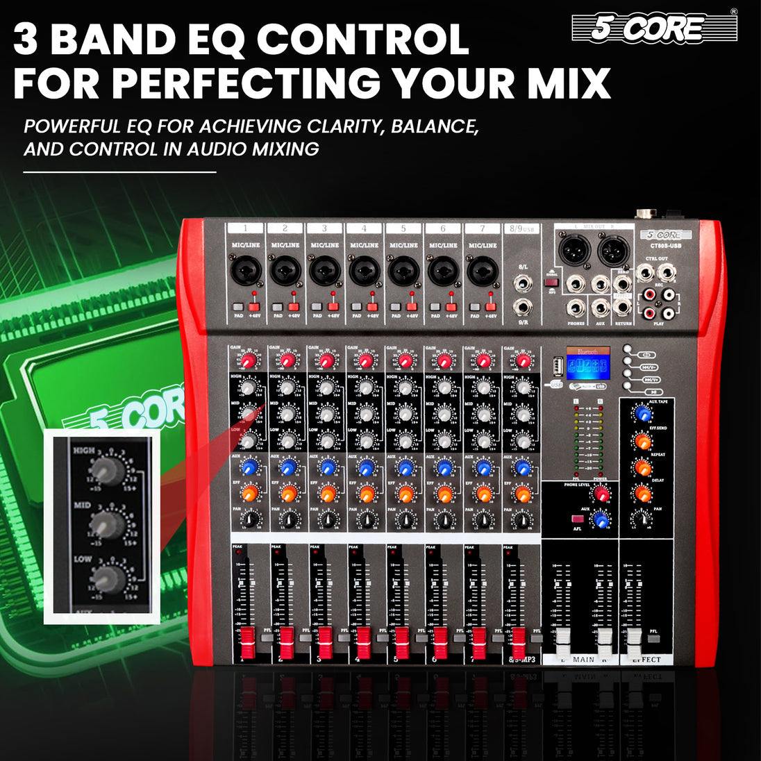 5 Core Audio Mixer 8 Channel DJ Equipment with Bluetooth USB Sound Board Console