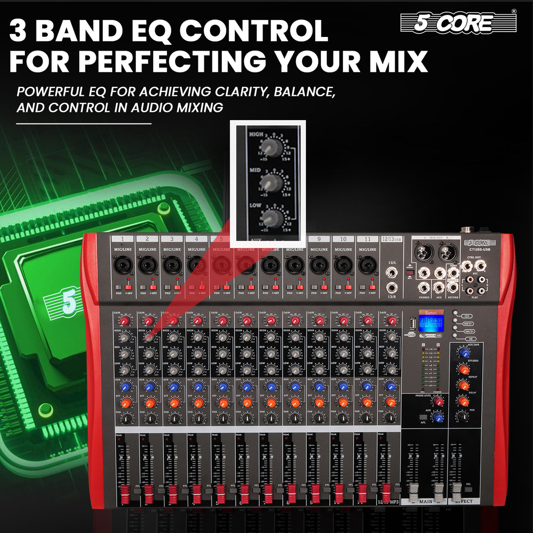 5 Core Audio Mixer 12 Channel DJ Equipment with Bluetooth USB Sound Board Console