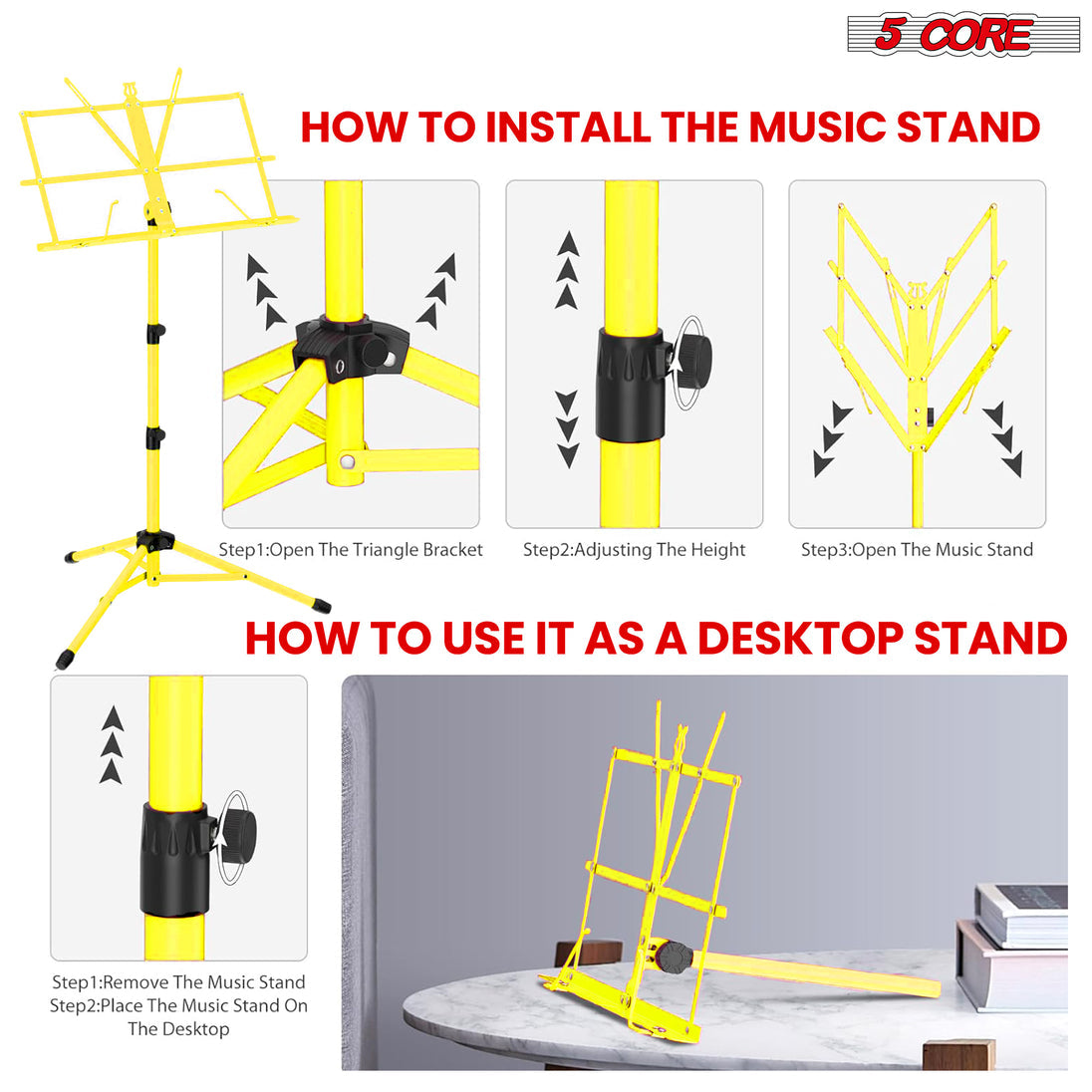 5Core Portable Music Stand for Sheet Music Adjustable Tripod Folding Note Holder Yellow