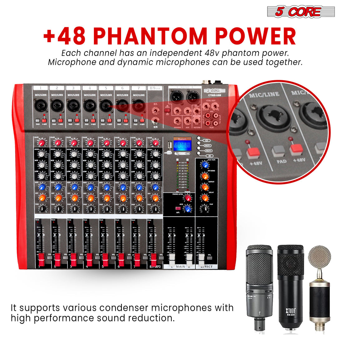 5 Core Audio Mixer 8 Channel DJ Equipment with Bluetooth USB Sound Board Console