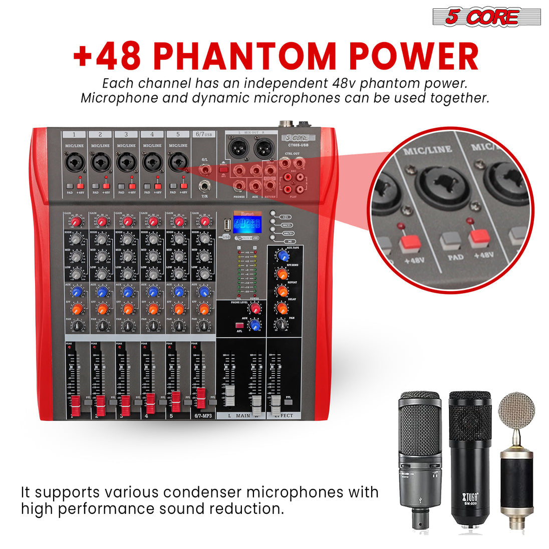 5 Core Audio Mixer 6 Channel DJ Equipment with Bluetooth USB Sound Board Console