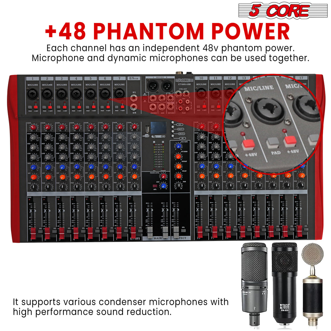 5 Core Audio Mixer 16 Channel DJ Equipment with Bluetooth USB Sound Board Console