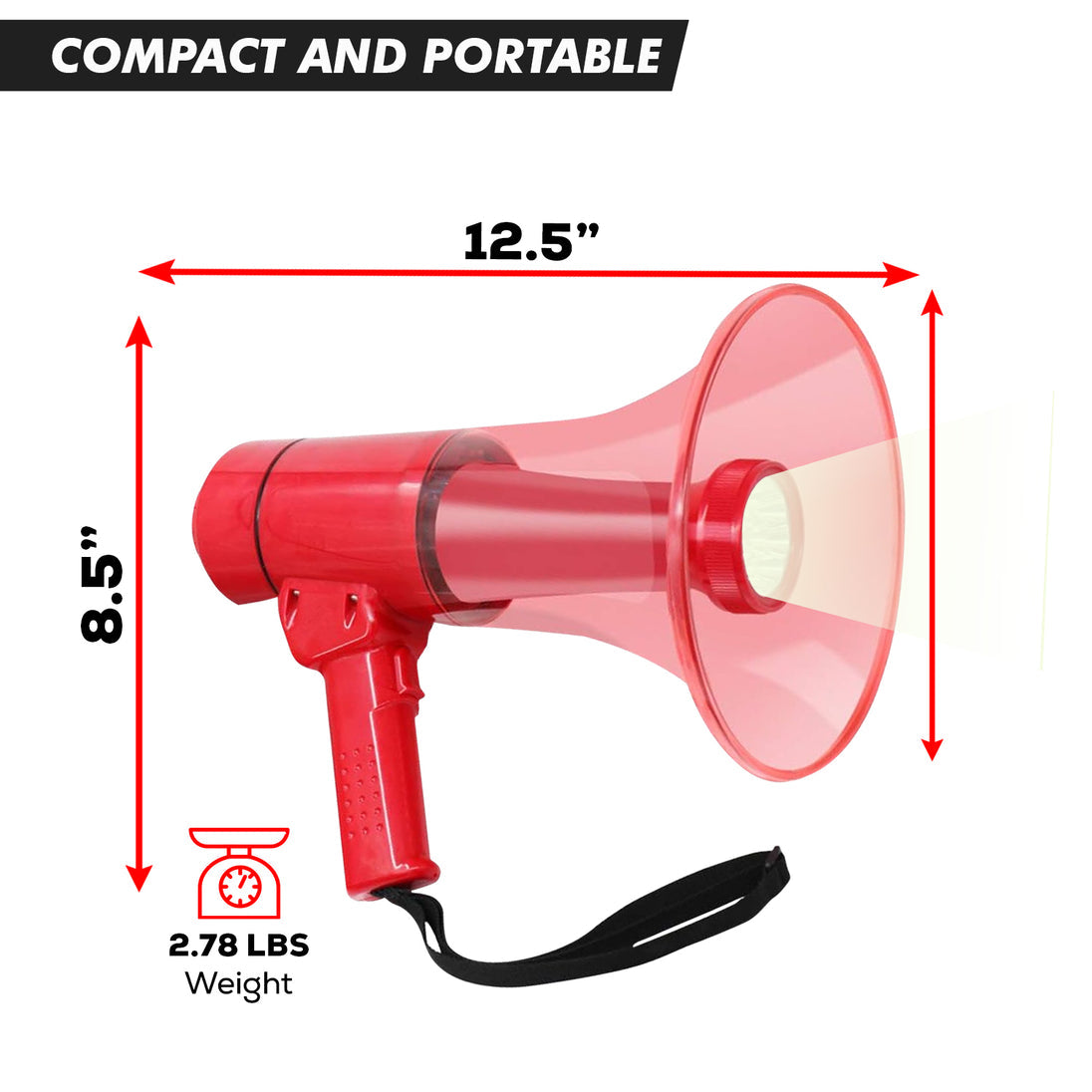 5Core Megaphone Bullhorn Speaker w Siren LED Light Adjustable Volume Bull Horn RED