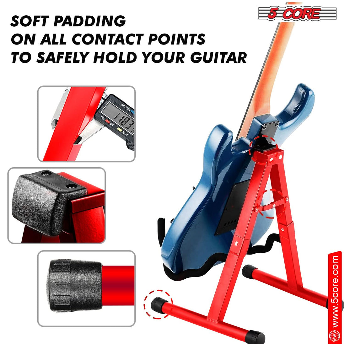 5Core A-Frame Guitar Stand – Floor Holder for Electric, Acoustic, and Bass Guitars (Red)