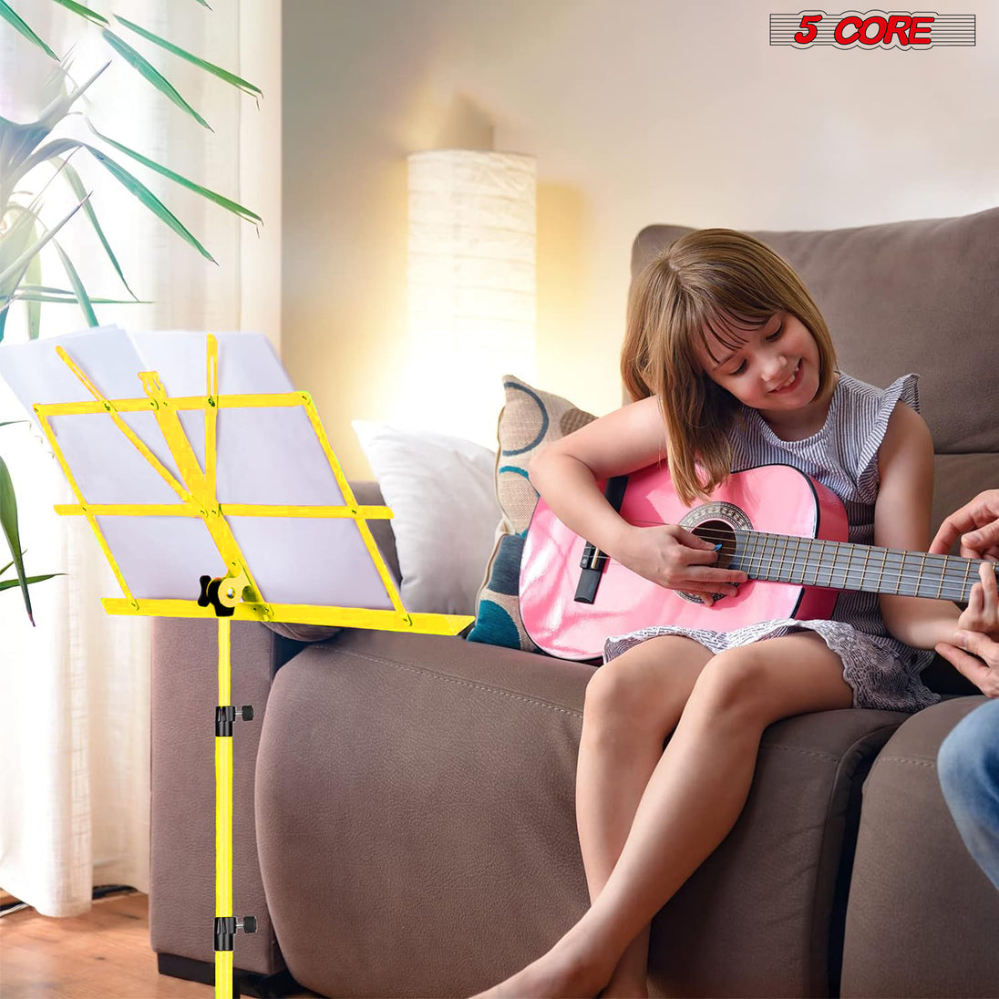 5Core Portable Music Stand for Sheet Music Adjustable Tripod Folding Note Holder Yellow