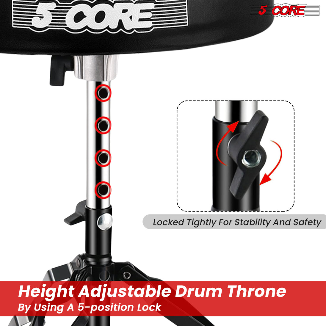 5Core Drum Throne Padded Guitar Stool Adjustable Drummer Seat for Adults & Kids VELVET BLACK