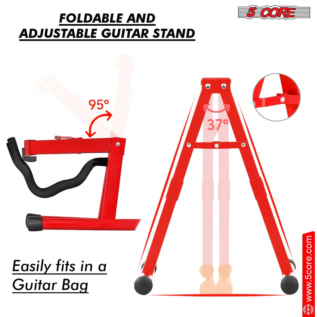 5Core A-Frame Guitar Stand – Floor Holder for Electric, Acoustic, and Bass Guitars (Red)