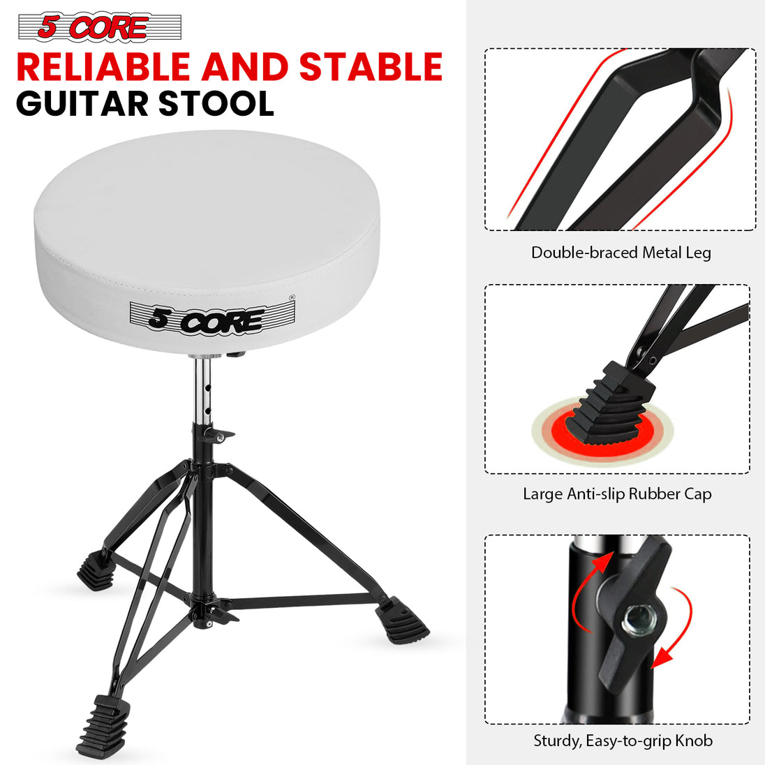 5Core Drum Throne Padded Guitar Stool Adjustable Drummer Seat for Adults & Kids WHITE