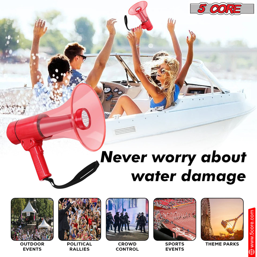 5Core Megaphone Bullhorn Speaker w Siren LED Light Adjustable Volume Bull Horn RED