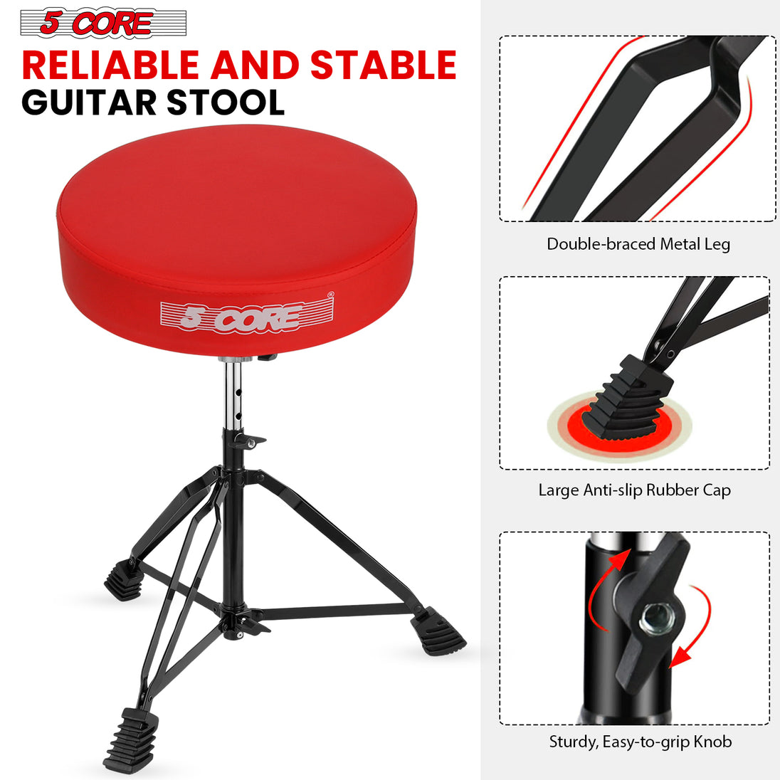 5Core Drum Throne Padded Guitar Stool Adjustable Drummer Seat for Adults & Kids RED