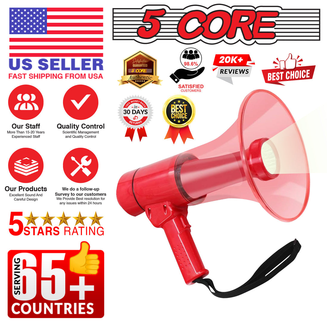 5Core Megaphone Bullhorn Speaker w Siren LED Light Adjustable Volume Bull Horn RED